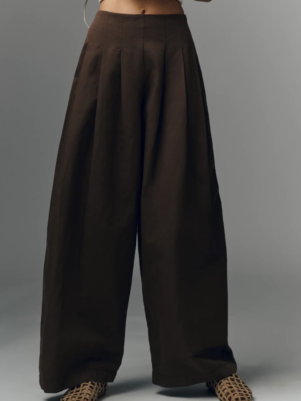 Anthropologie Maeve Pleated Trousers Wide Barrel Leg Cotton Linen Blend BROWN - Picture 3 of 8